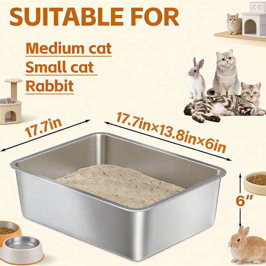 Stainless Steel Litter Box,Metal Cat Litter Box-6" High Side for Cats,Cat LitterBox for Kitty/Kitten and Rabbits